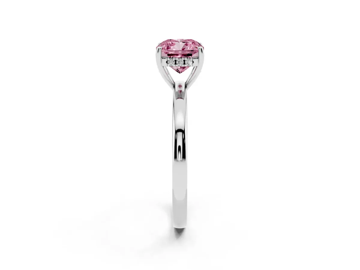 Fancy Pink Cushion Cut Solitaire Diamond Ring with Prong Setting and Plain Band White gold