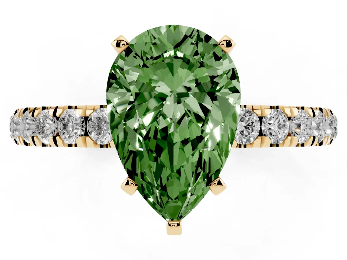 Fancy Green Pear Cut Diamond Solitaire Ring with Pavé Accents and Four-Prong Setting Yellow gold