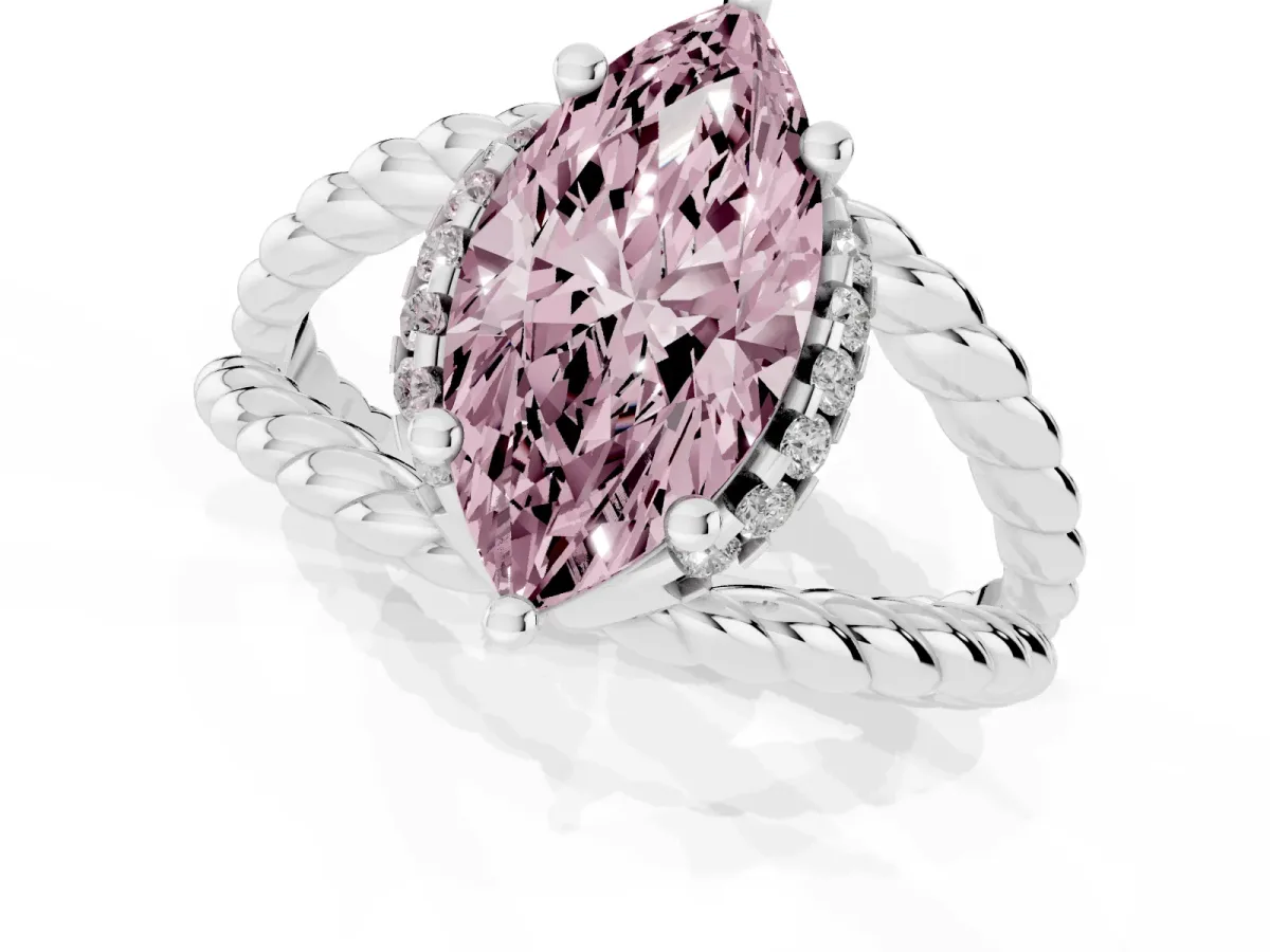 Fancy Pink Marquise Cut Halo Twisted Band Four-Prong Ring Silver