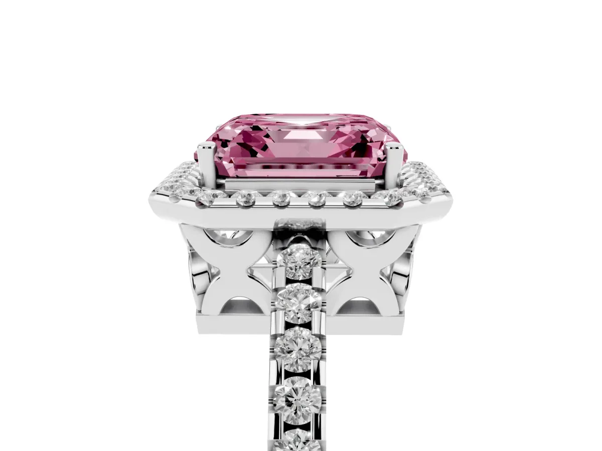 Fancy Pink Asscher Cut Diamond Halo Engagement Ring with Pavé Band and Prong Setting White gold