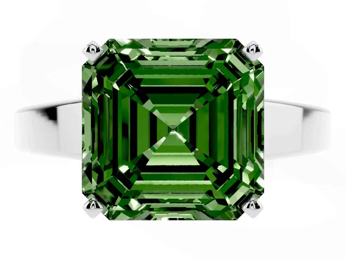 Fancy Green Asscher Cut Solitaire Engagement Ring with Four-Prong Setting and Tapered Band Silver