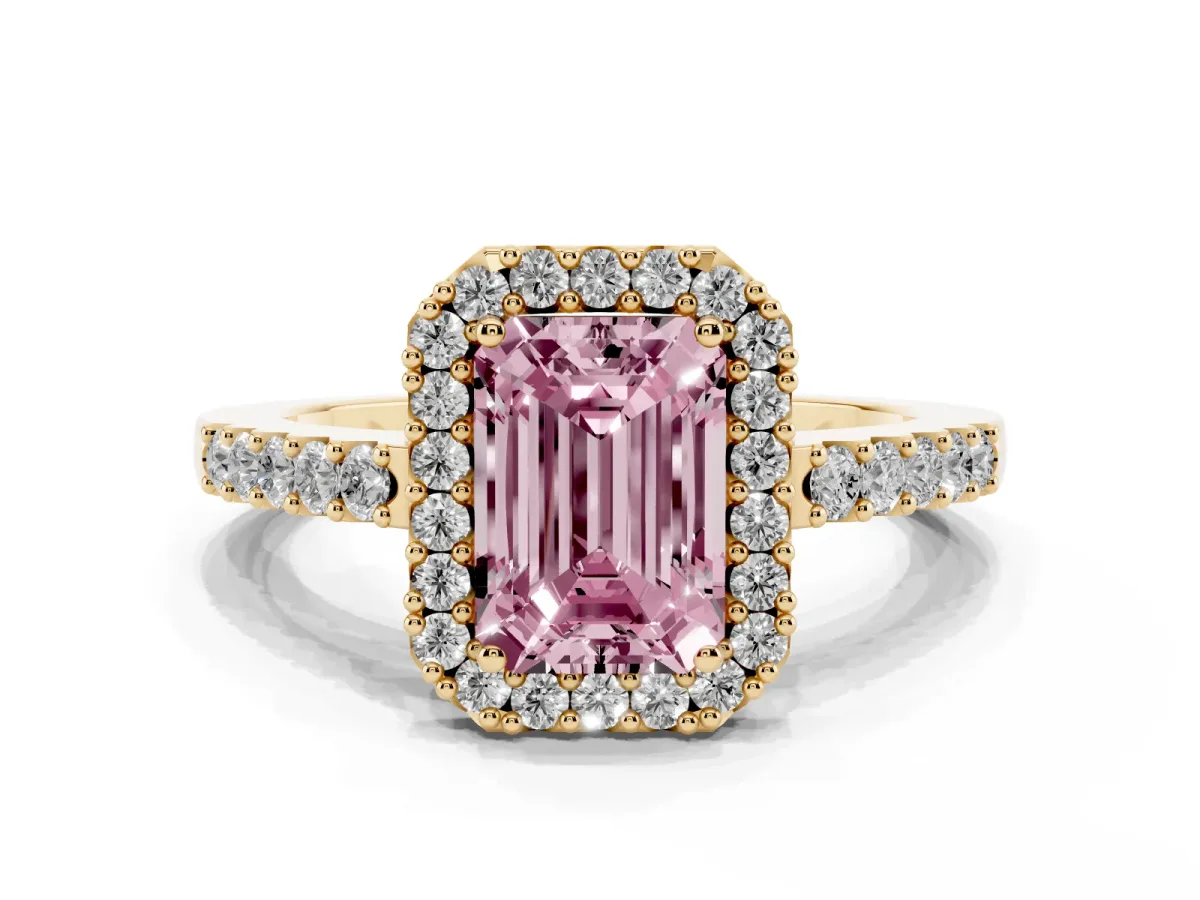 Fancy Pink Emerald Cut Halo Diamond Pavé Solitaire Ring Yellow gold