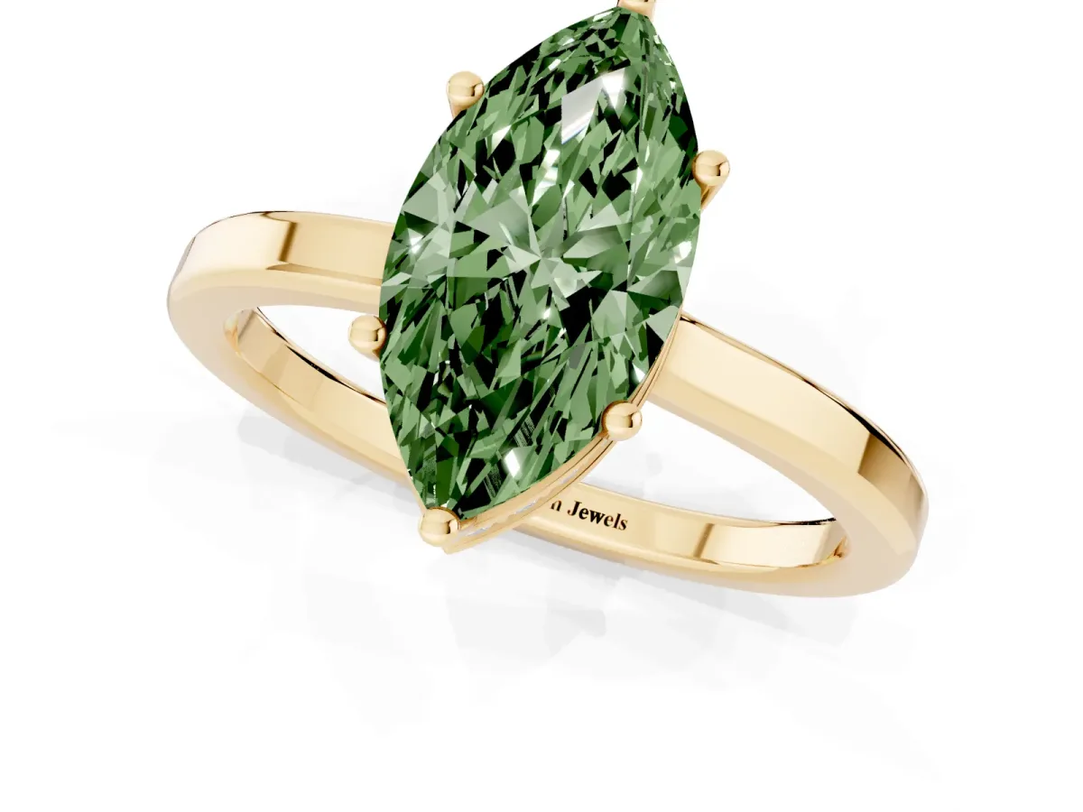 Fancy Green Marquise Cut Cut Solitaire Engagement Ring with Four-Prong Setting on a Classic Band Yellow gold