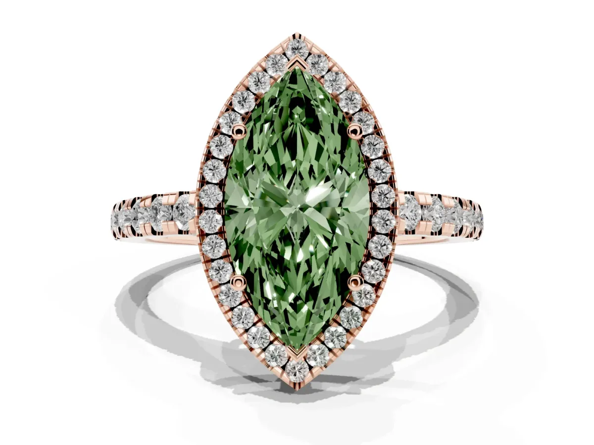 Fancy Green Marquise Cut Diamond Halo Ring with Pavé Band and Four-Prong Setting Rose gold