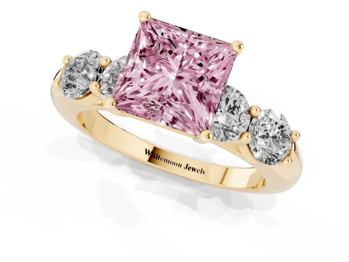 Fancy Pink Princess Cut Cut Five-Stone Prong Set Diamond Ring with Classic Band Yellow gold