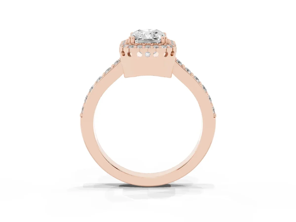 Radiant Cut Cut Diamond Halo Engagement Ring with Milgrain Detail and Pavé Band Rose gold