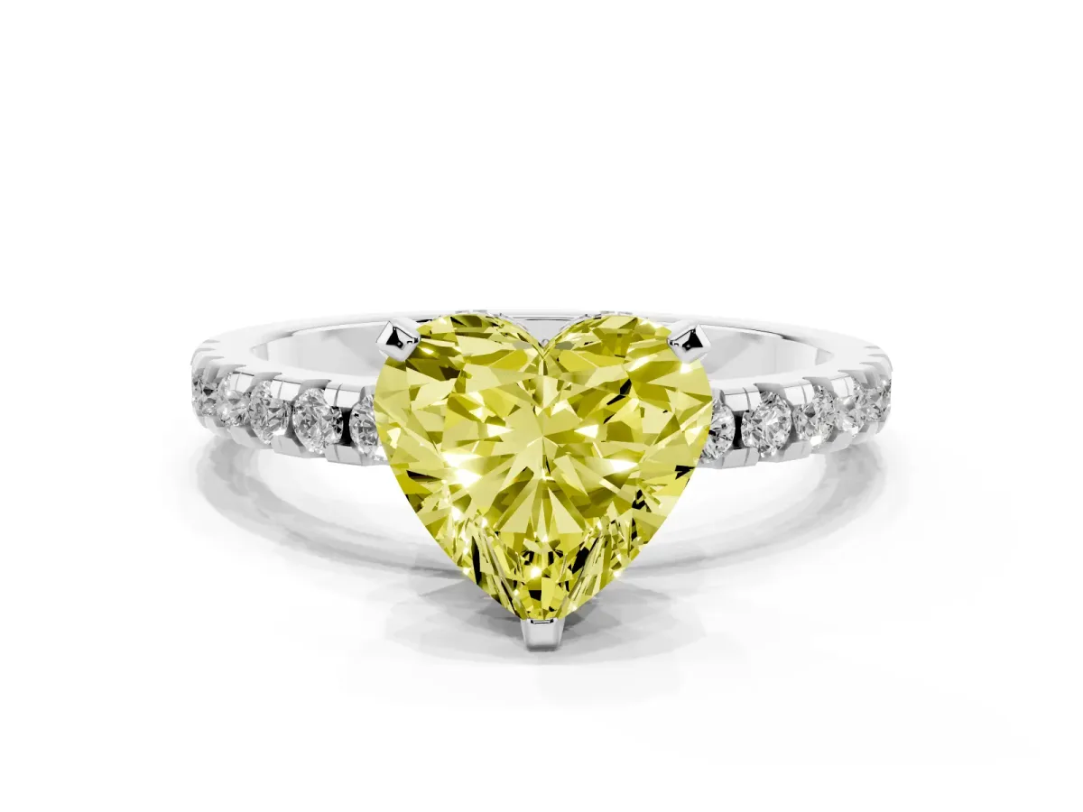 Fancy Yellow Heart Cut Diamond Solitaire Ring with Round Pavé Band and Four-Prong Setting Silver