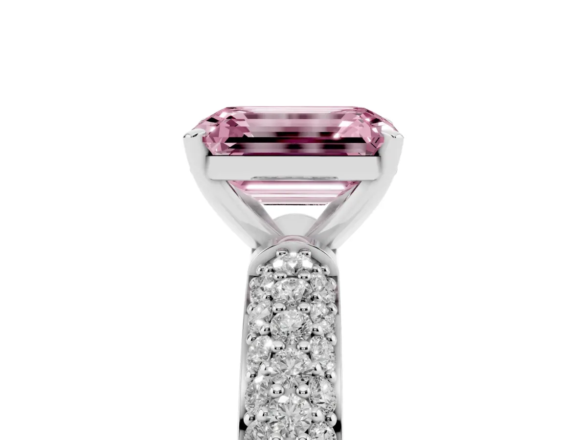 Fancy Pink Emerald Cut Diamond Solitaire Ring with Prong Setting and Pavé Band Silver