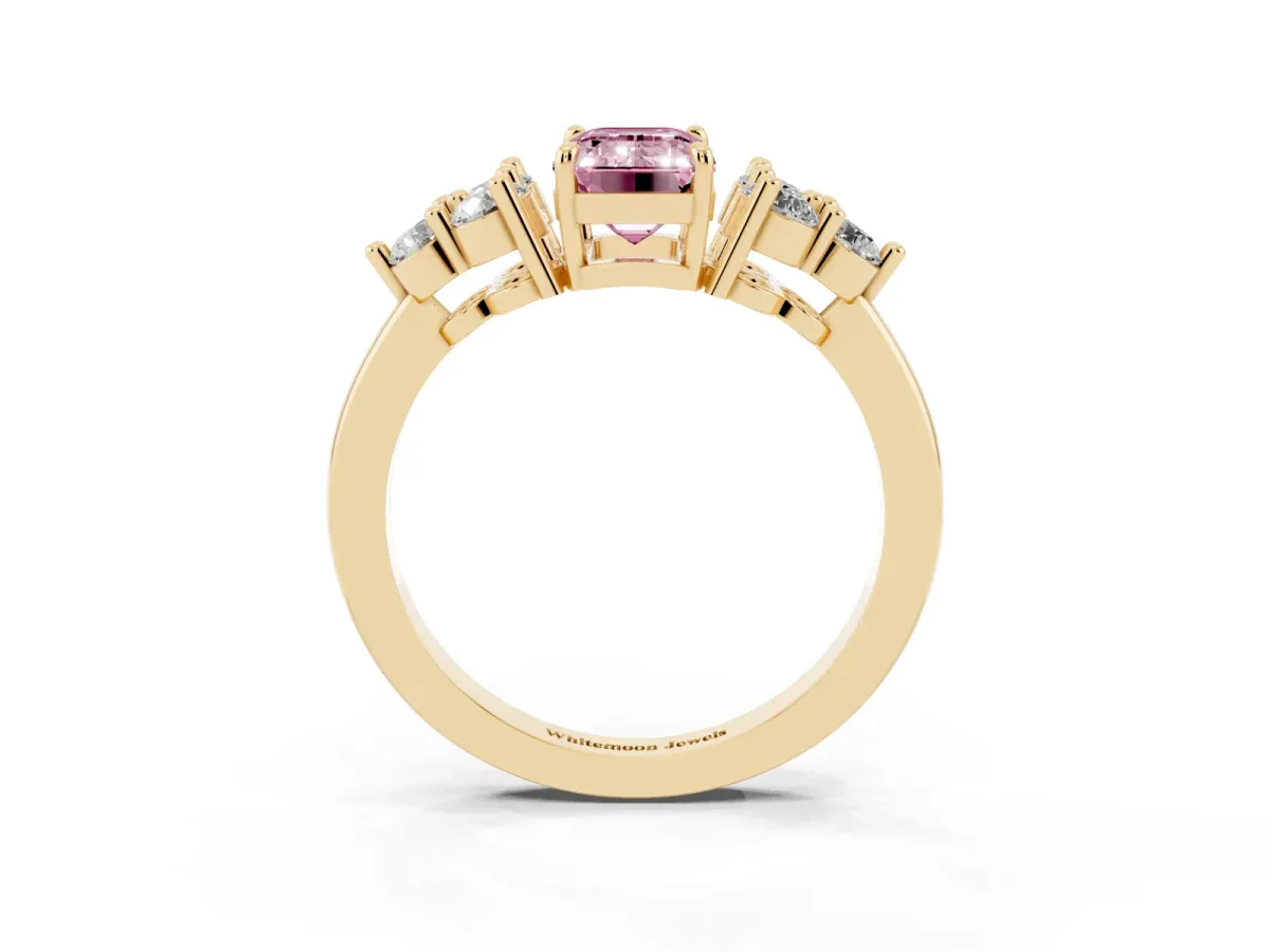 Fancy Pink Emerald Cut Brilliant Diamond Cluster Accent Solitaire Ring with Prong Setting Yellow gold