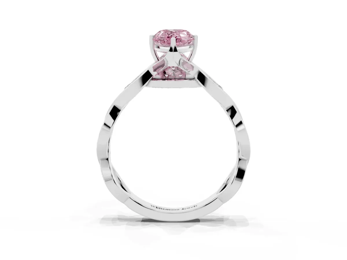 Fancy Pink Pear Cut Solitaire Twist Band with Leaf Prong Setting Platinum
