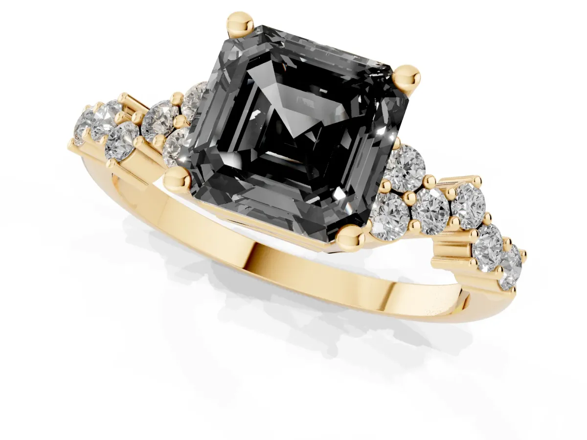 Fancy Black Asscher Cut Diamond Scattered Round Accent Ring with Prong Setting Yellow gold