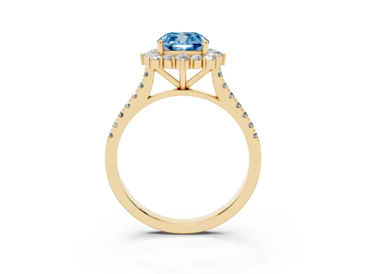 Fancy Blue Cushion Cut Halo Diamond Ring with Pavé Band and Prong Setting Yellow gold