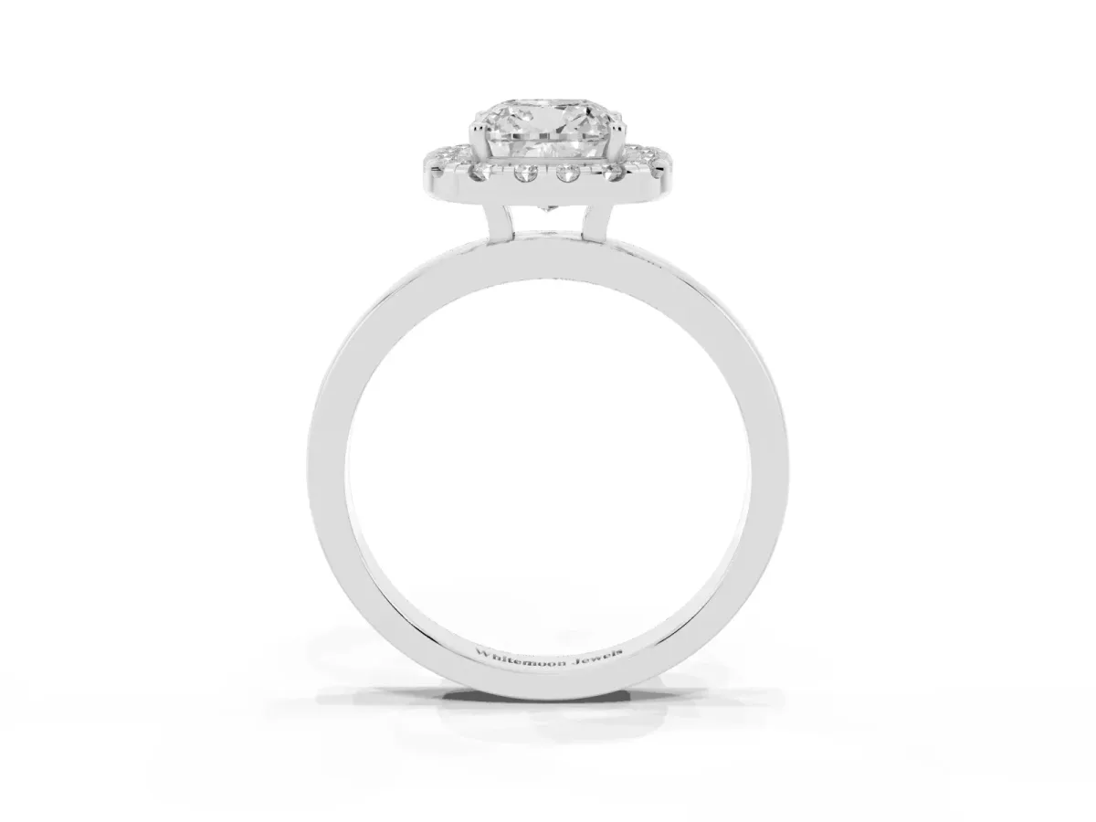 Cushion Cut Halo Diamond Solitaire with Pavé Band and Four-Prong Setting White gold