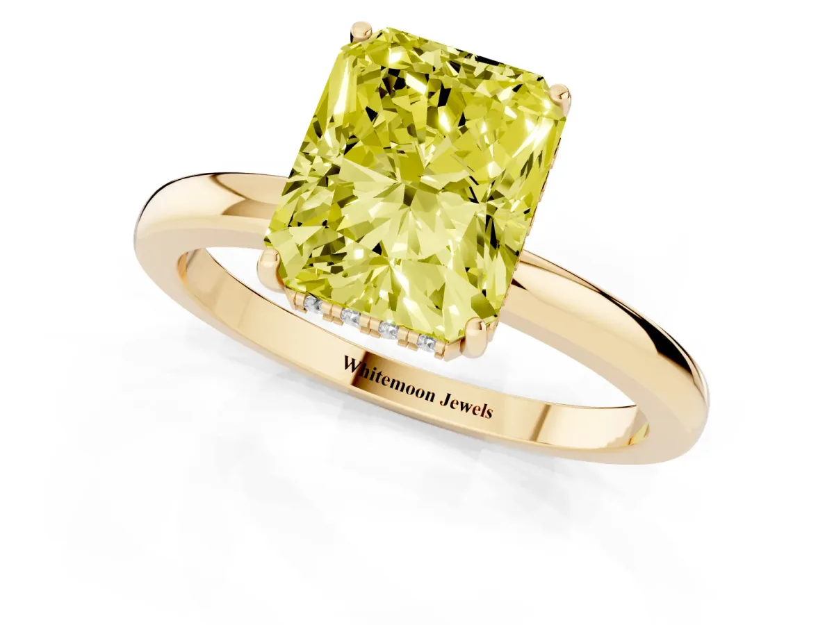 Fancy Yellow Radiant Cut Solitaire Diamond Ring with Prong Setting and Plain Band Yellow gold