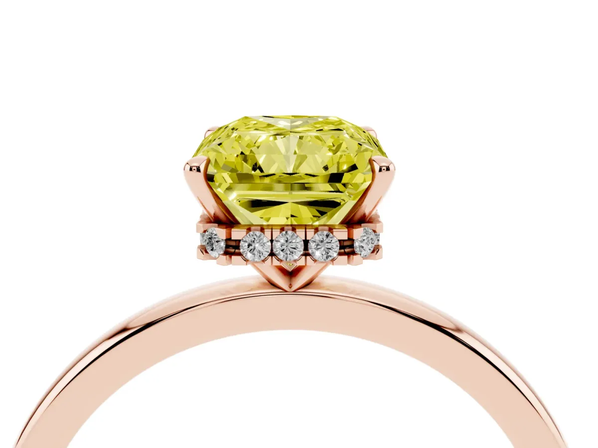 Fancy Yellow Radiant Cut Solitaire Engagement Ring with Cathedral Band and Four-Prong Setting Rose gold