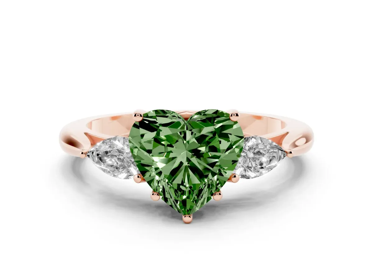 Fancy Green Heart Cut Diamond Three-Stone Ring with Pear Side Stones and Prong Setting Rose gold