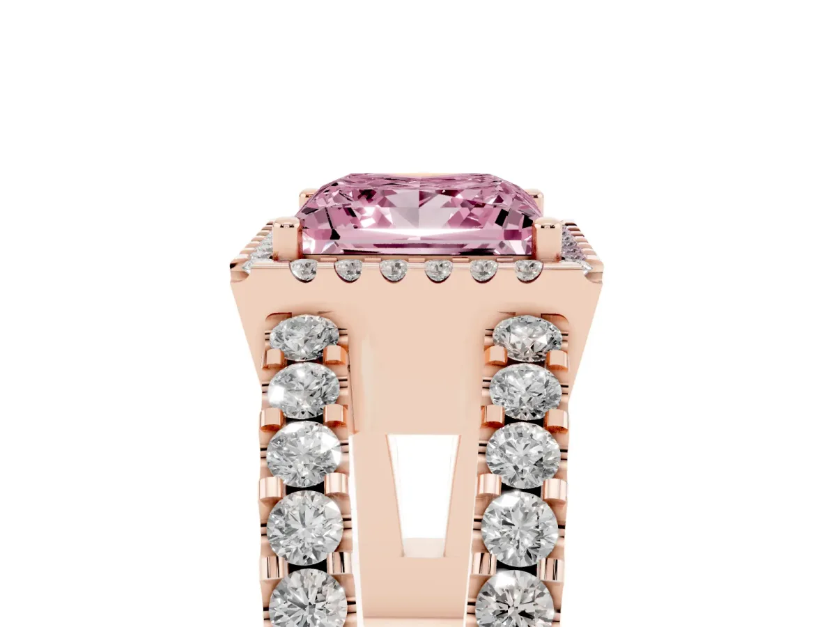 Fancy Pink Princess Cut Cut Halo Split Shank Diamond Ring with Four-Prong Setting Rose gold