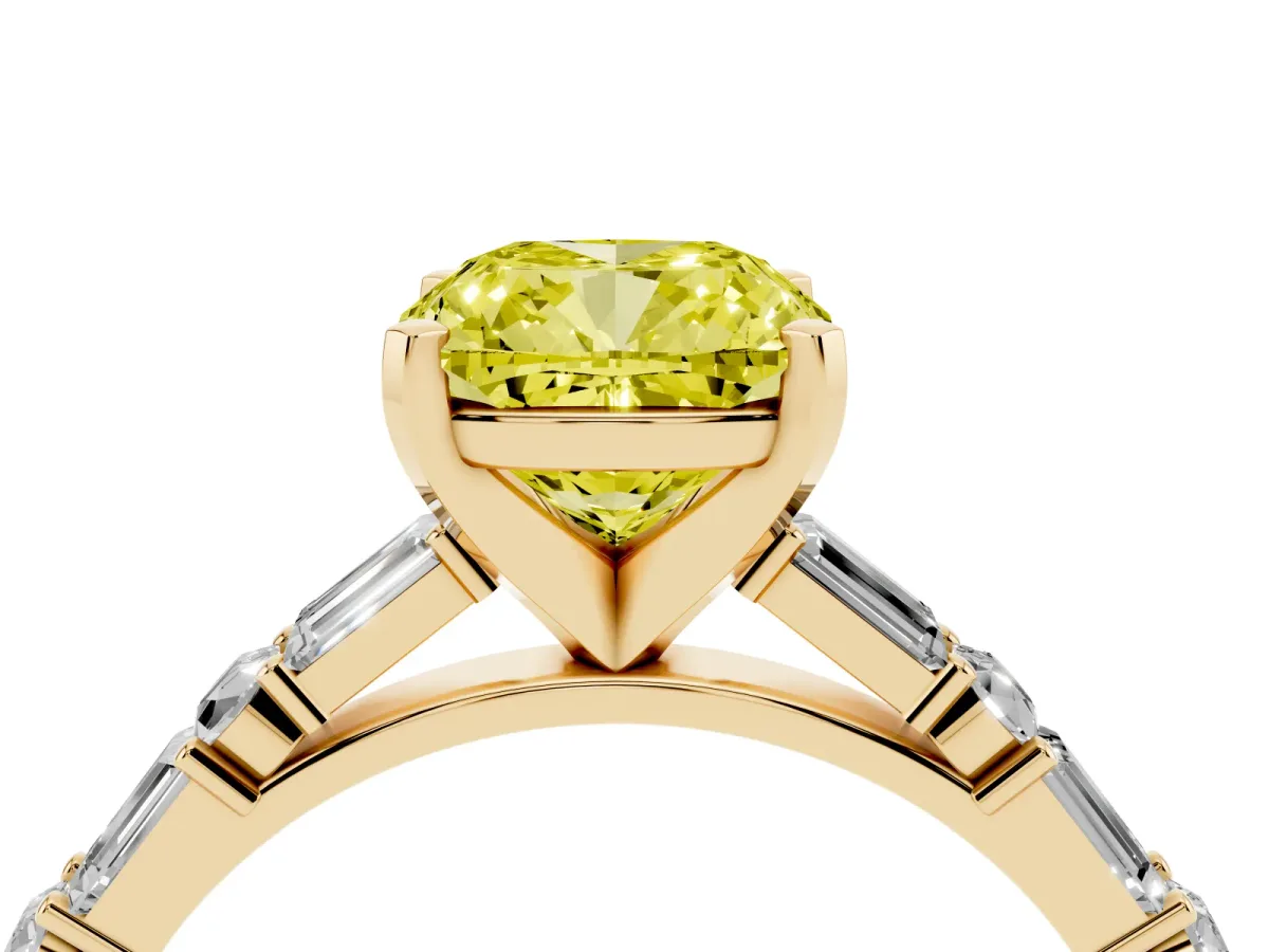 Fancy Yellow Cushion Cut Diamond Solitaire with Side Baguettes and Channel Set Band Yellow gold