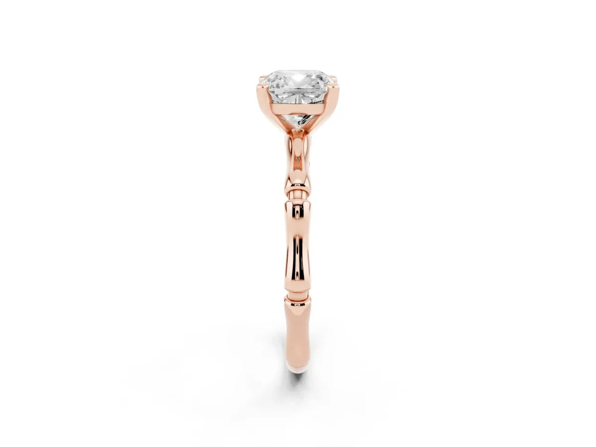Cushion Cut Solitaire Diamond Ring with Bamboo Band and Four-Prong Setting Rose gold