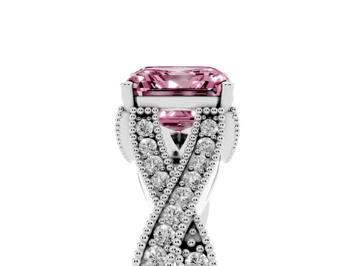 Fancy Pink Asscher Cut Cut Diamond Twisted Band with Milgrain Pave Setting and Four-Prong Setting Silver