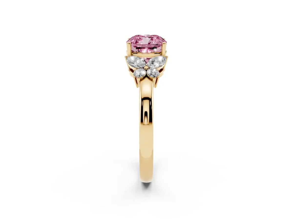Fancy Pink Cushion Cut Cut Solitaire Floral Diamond Ring with Four-Prong Setting Yellow gold