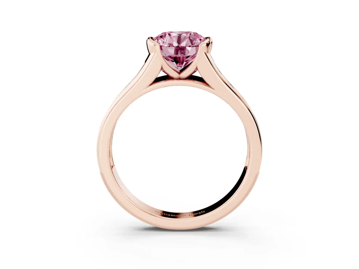 Fancy Pink Round Cut Solitaire Bezel-Set Diamond Ring with Channel-Set Band Rose gold