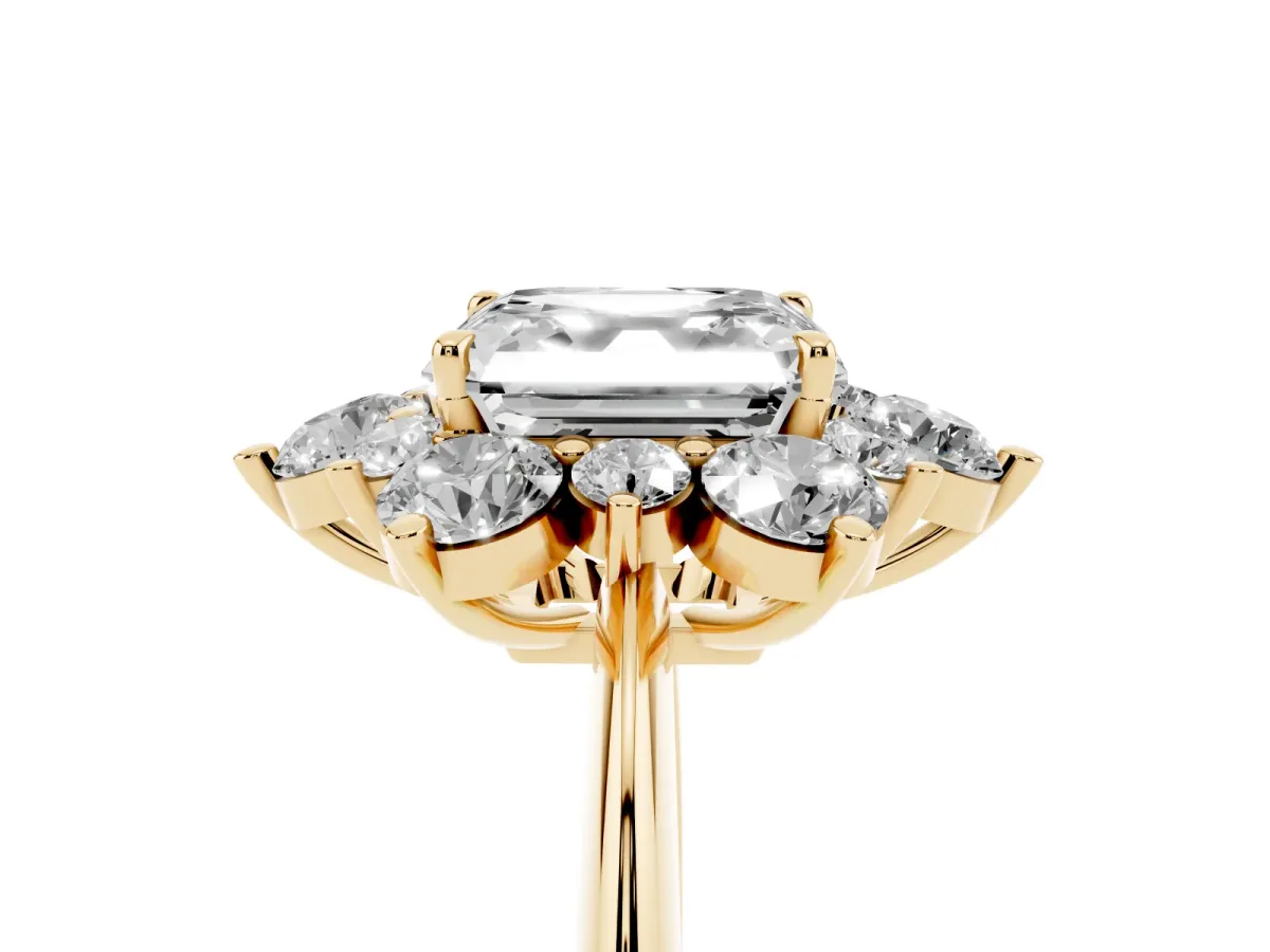 Asscher Cut Diamond Cluster Halo Ring with Solitaire Band and Four-Prong Setting Yellow gold