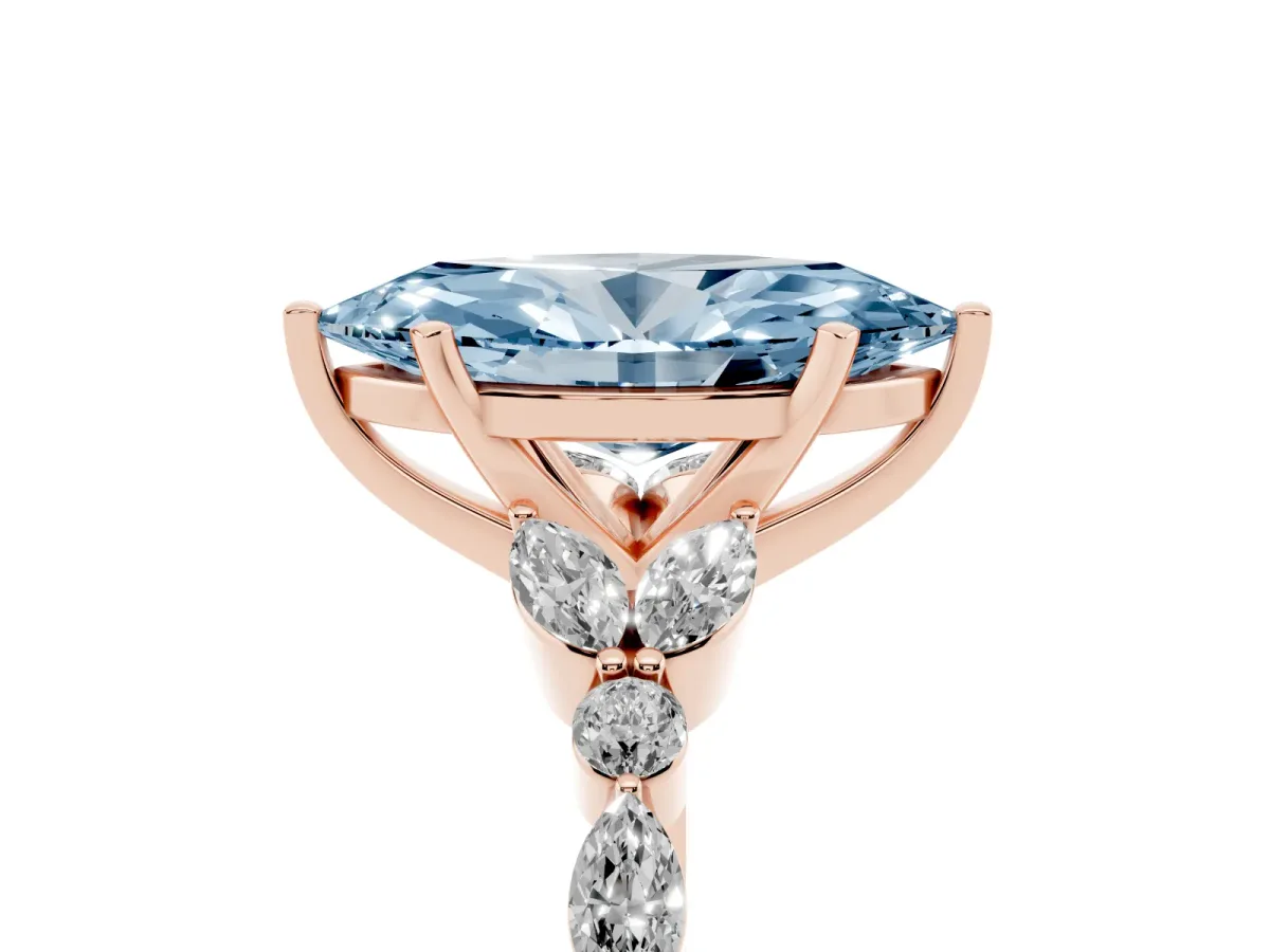 Fancy Blue Marquise Cut Diamond Solitaire Ring with Side Stones and Four-Prong Setting Rose gold