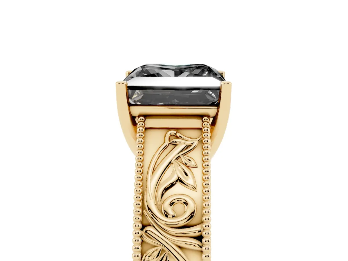 Fancy Black Princess Cut Diamond Solitaire Ring with Engraved Band and Four-Prong Setting Yellow gold