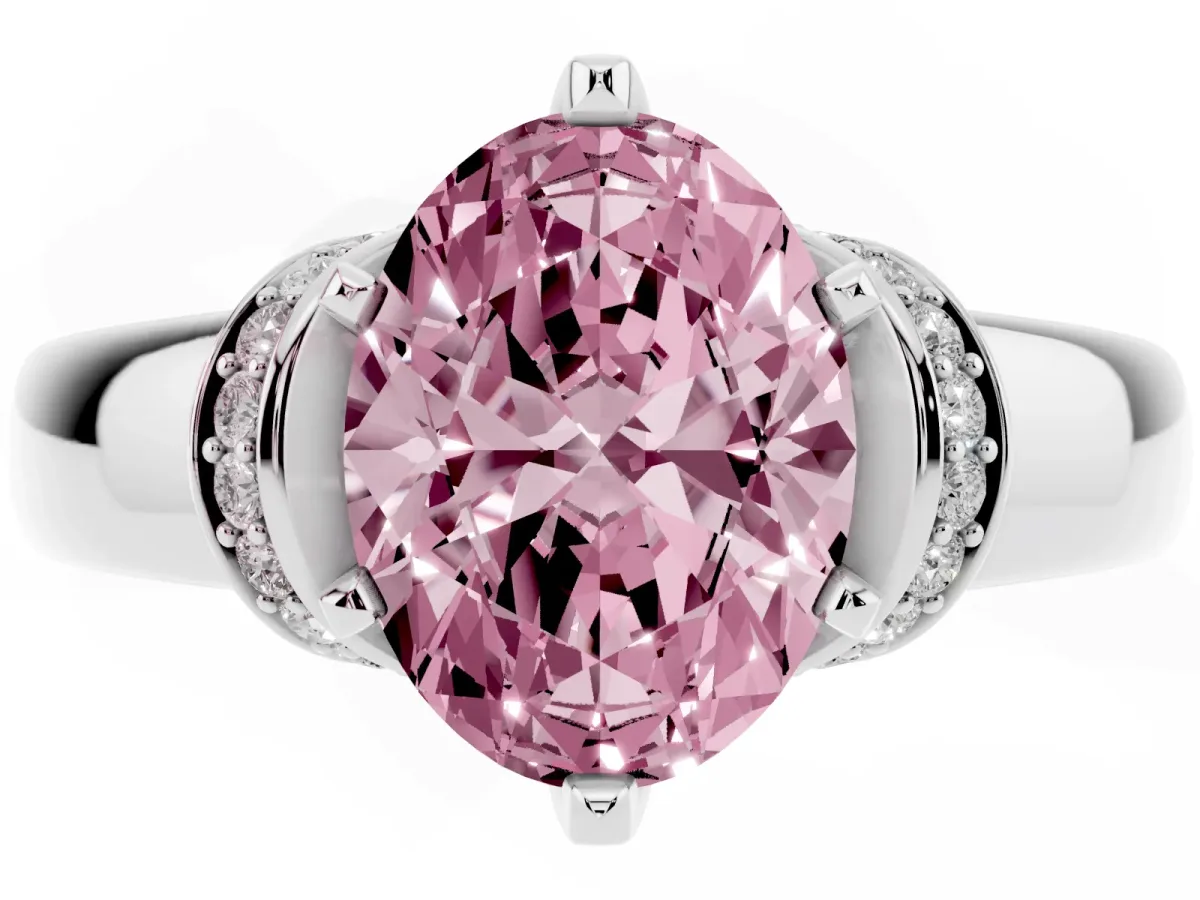 Fancy Pink Oval Cut Solitaire Diamond Ring with Pave Band and Six-Prong Setting Silver