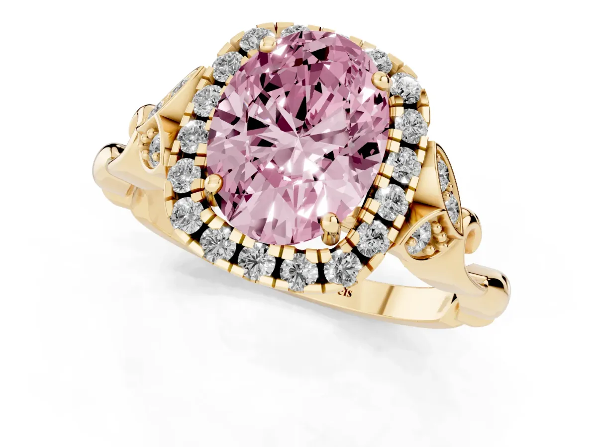 Fancy Pink Oval Cut Halo Diamond Engagement Ring with Vintage-Inspired Band and Four-Prong Setting Yellow gold