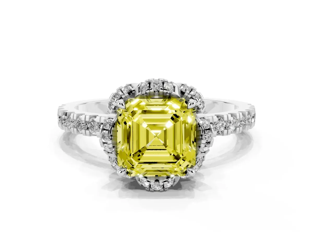 Fancy Yellow Asscher Cut Diamond Halo Pave Band with Four-Prong Setting Platinum