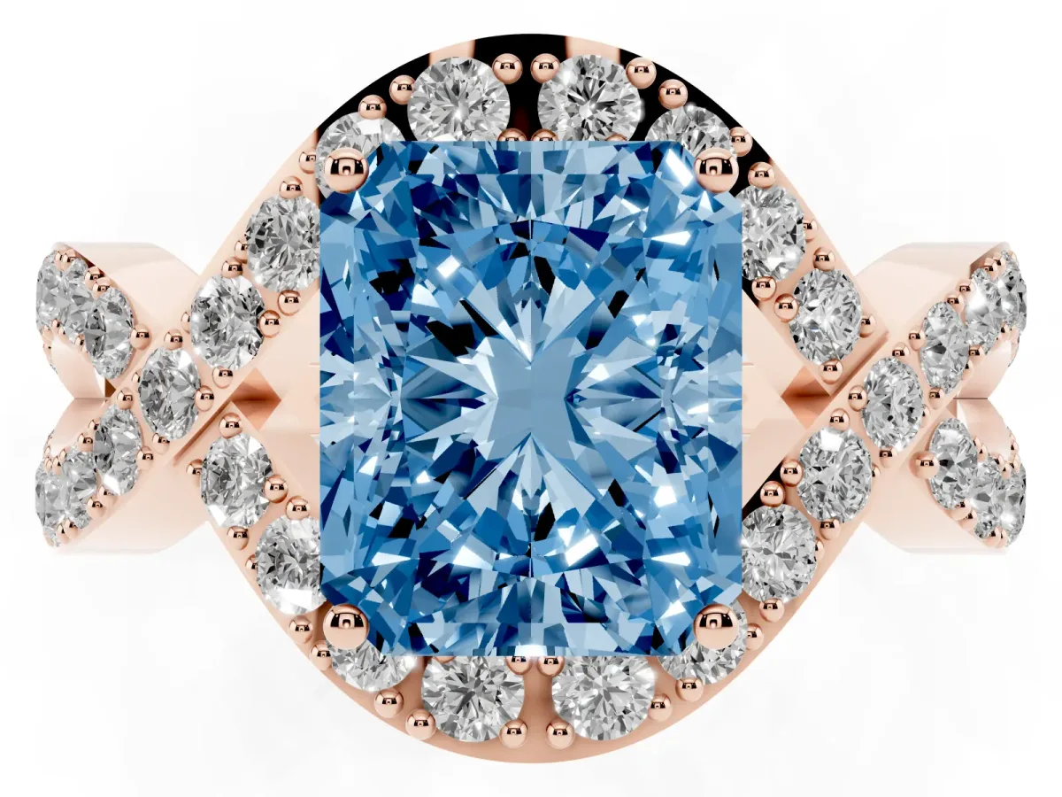 Fancy Blue Radiant Cut Solitaire Twist Band Pavé Diamond Engagement Ring Rose gold