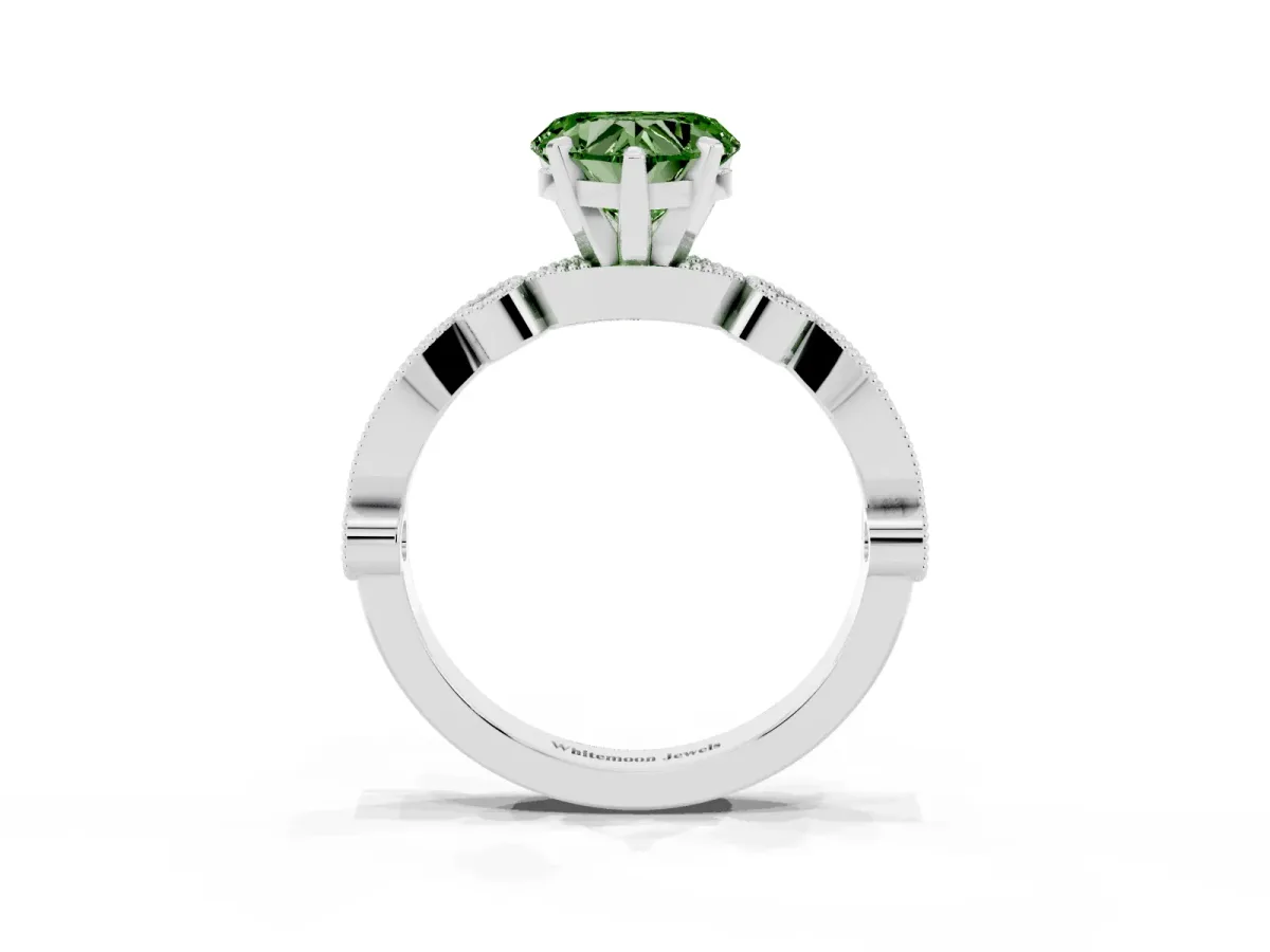 Fancy Green Heart Cut Milgrain Bezel Diamond Engagement Ring with Solitaire Prong Setting Silver