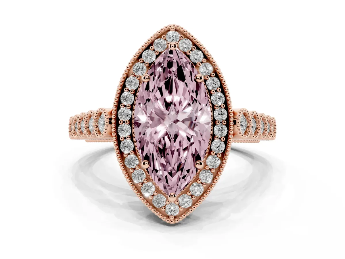 Fancy Pink Marquise Cut Halo Milgrain Solitaire with Bezel Set Side Stones and Pave Band Rose gold