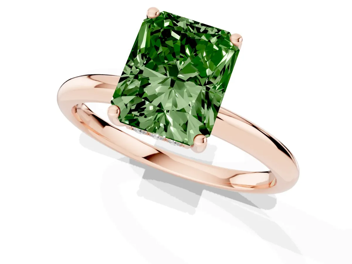 Fancy Green Radiant Cut Cut Solitaire Engagement Ring with Four-Prong Setting and Classic Band Rose gold