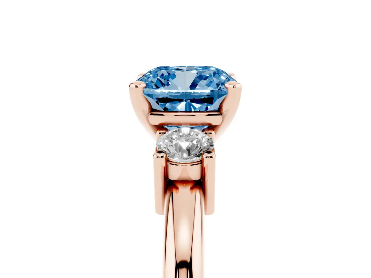 Fancy Blue Three-Stone Cushion Cut Cut Diamond Solitaire with Prong Setting and Classic Band Rose gold
