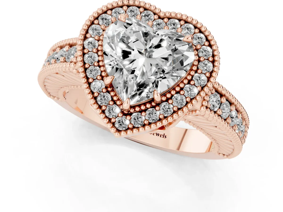 Heart Cut Cut Halo Diamond Ring with Pavé Band and Four-Prong Setting Rose gold