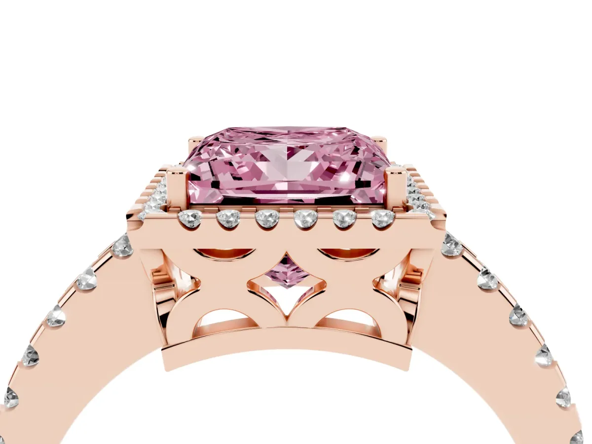 Fancy Pink Princess Cut Diamond Halo Engagement Ring with Pavé Band and Prong Setting Rose gold