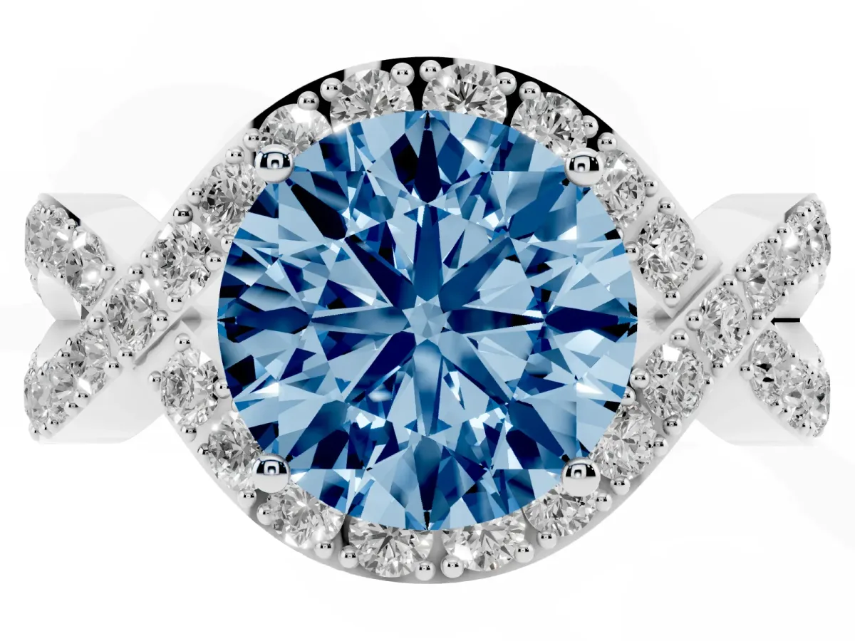 Fancy Blue Round Cut Solitaire Twist Band Pavé Diamond Engagement Ring Silver