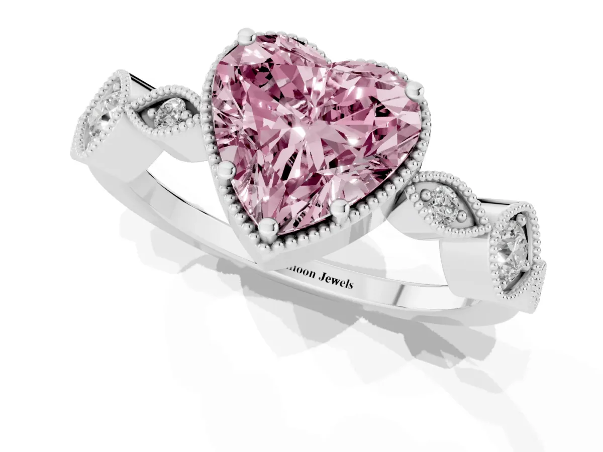 Fancy Pink Heart Cut Diamond Vintage Milgrain Ring with Round Stations Silver