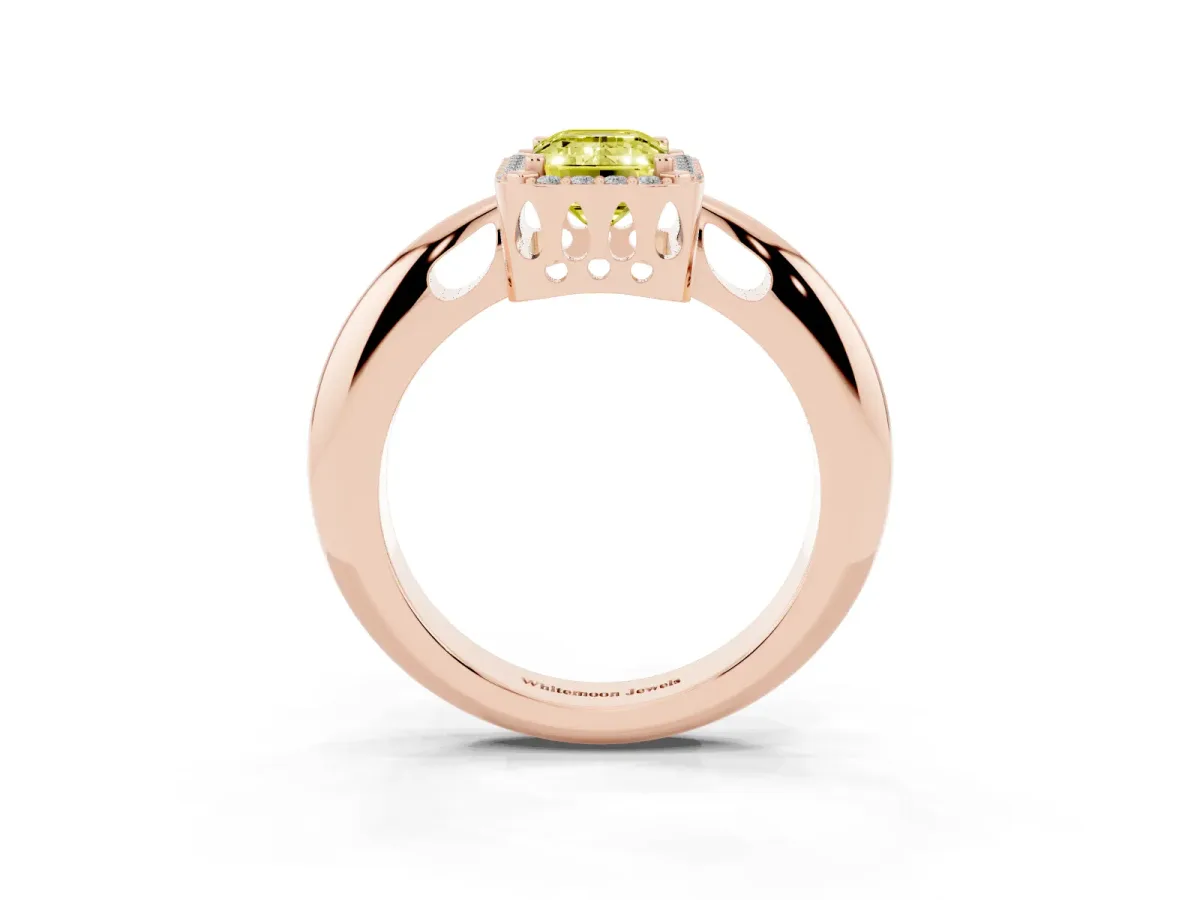 Fancy Yellow Emerald Cut Cut Diamond Halo Engagement Ring with Split Shank and Four-Prong Setting Rose gold