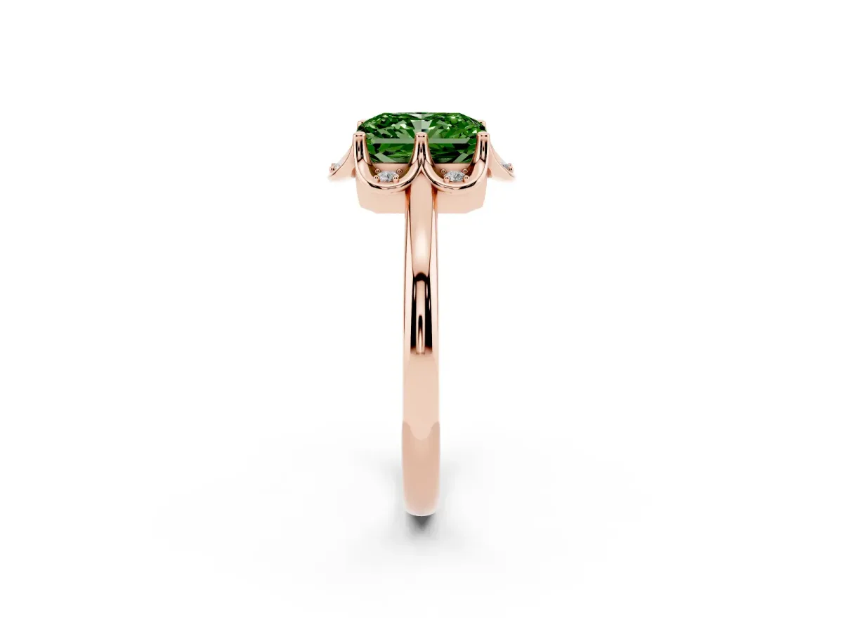 Fancy Green Radiant Cut Halo Diamond Ring with Round Cluster Setting, Solitaire Band, and Four-Prong Setting Rose gold