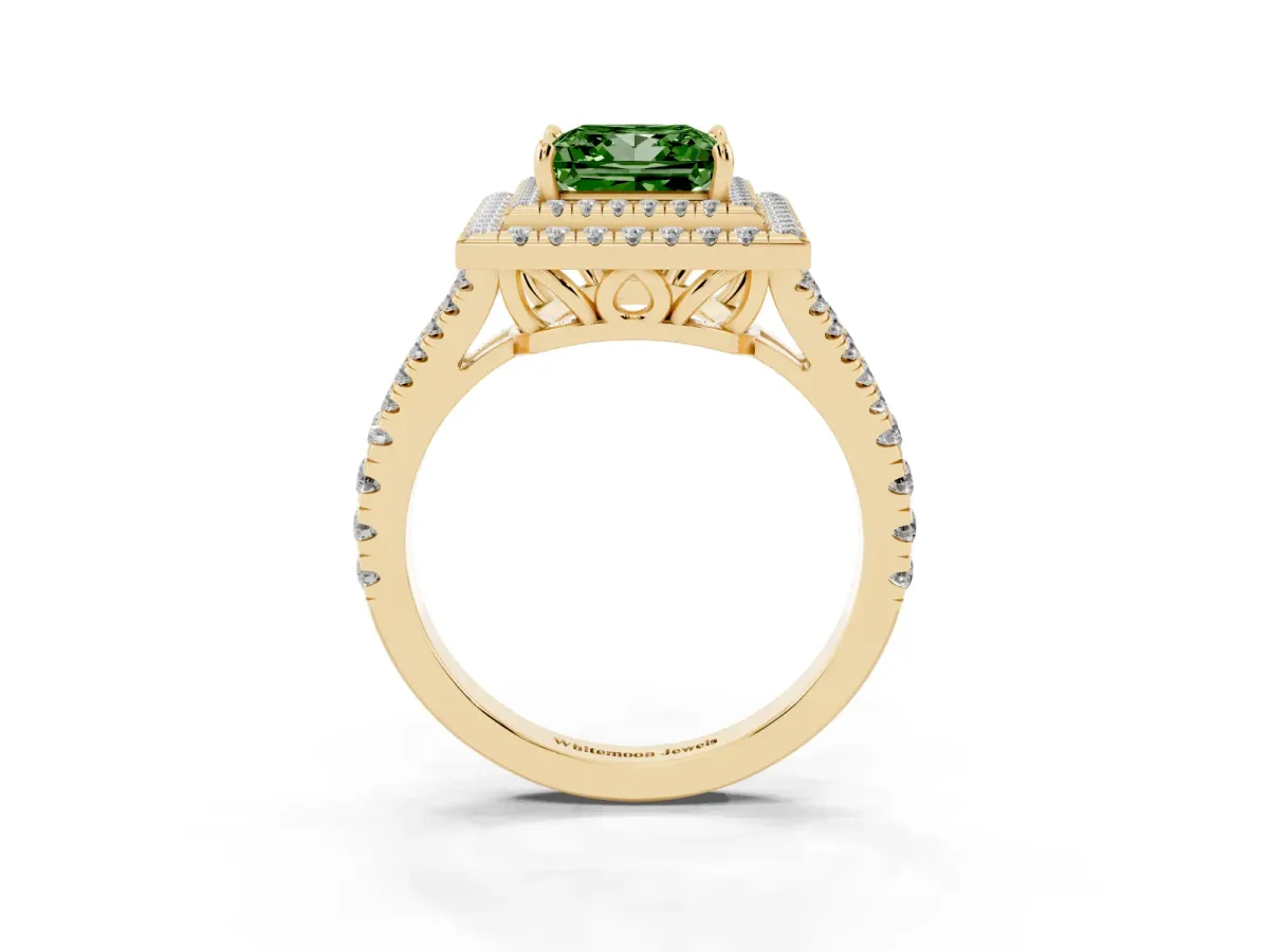 Fancy Green Princess Cut Diamond Double Halo Ring with Pavé Band and Prong Setting Yellow gold