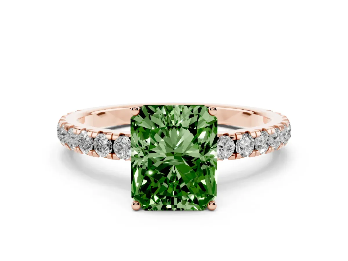 Fancy Green Radiant Cut Diamond Pavé Solitaire Engagement Ring with Four-Prong Setting Rose gold