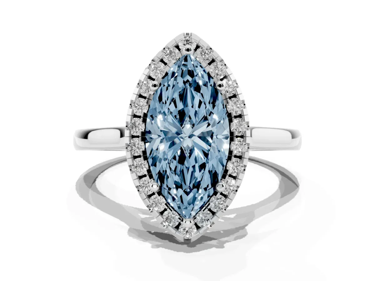 Fancy Blue Marquise Cut Halo Round Diamond Solitaire Ring with Pavé Band and Four-Prong Setting Silver