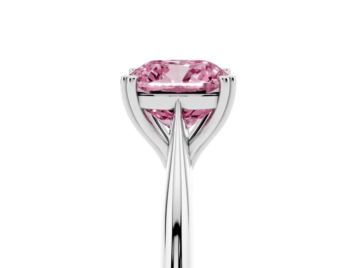 Fancy Pink Cushion Cut Solitaire Diamond Ring with Six-Prong Setting and Classic Band Silver