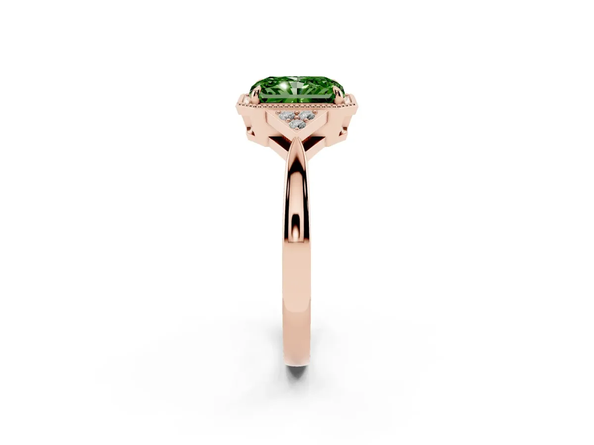 Fancy Green Radiant Cut Diamond Halo Ring with Tapered Band and Four-Prong Setting Rose gold