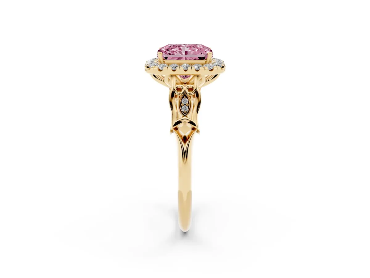 Fancy Pink Radiant Cut Halo Diamond Engagement Ring with Filigree Band and Four-Prong Setting Yellow gold