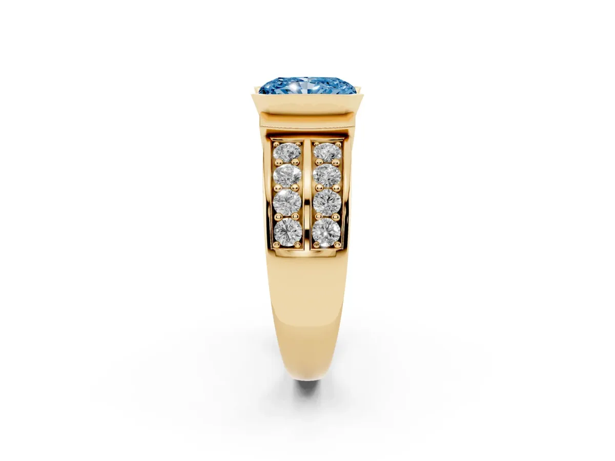 Fancy Blue Radiant Cut Brilliant Diamond Channel Set Wide Band Ring with Bezel Setting Yellow gold